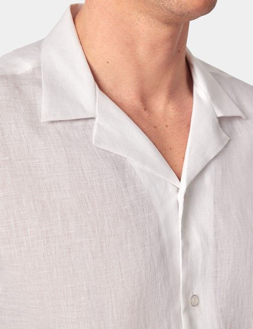 White Pure Linen Slim Short Sleeve Shirt - Revere Collar-preview