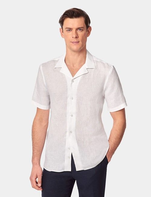 White Pure Linen Slim Short Sleeve Shirt - Revere Collar
