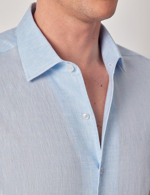 Light Blue Pure Linen Slim Short Sleeve Shirt - One Piece Collar-preview
