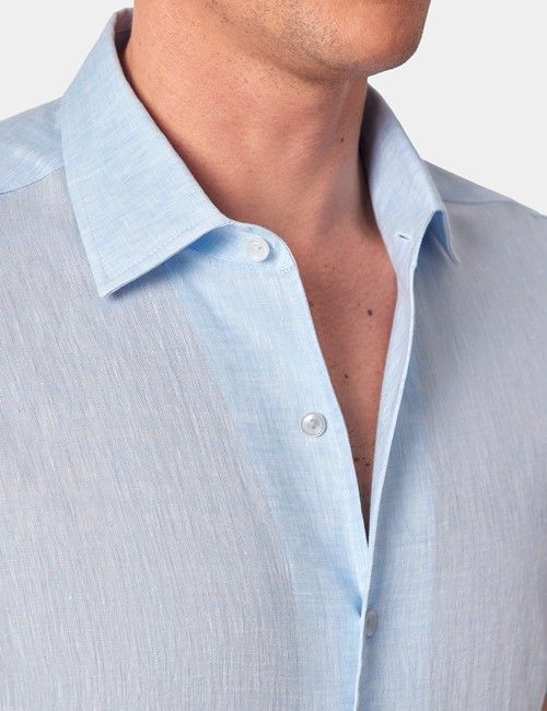 Light Blue Pure Linen Slim Short Sleeve Shirt - One Piece Collar-preview