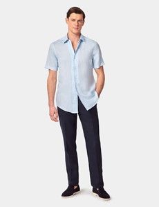 Slim Fit Light Blue Linen Shirt - Short Sleeve