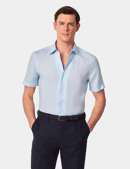 Light Blue Pure Linen Slim Short Sleeve Shirt - One Piece Collar