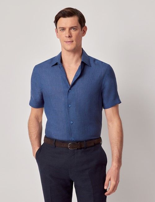 Marine Pure Linen Slim Short Sleeve Shirt - One Piece Collar