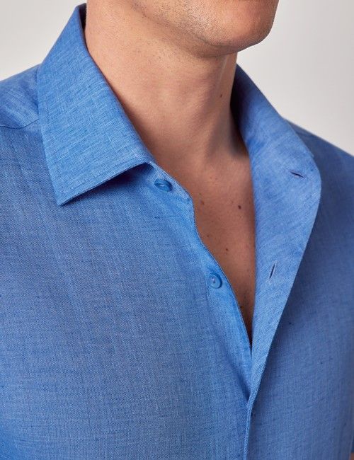 Mid Blue Pure Linen Slim Short Sleeve Shirt - One Piece Collar-preview