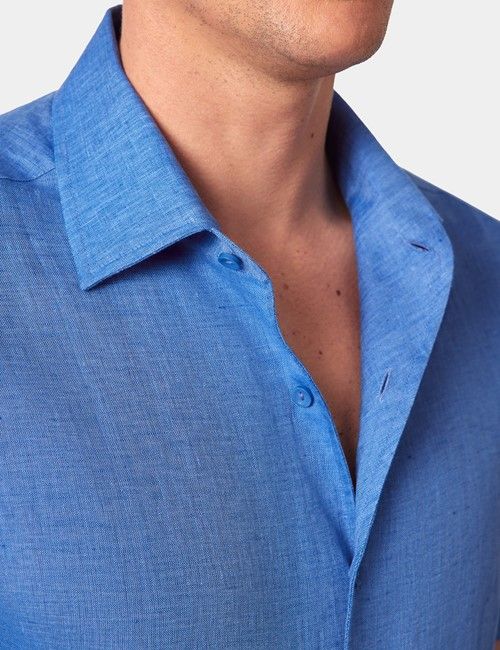 Mid Blue Pure Linen Slim Short Sleeve Shirt - One Piece Collar-preview