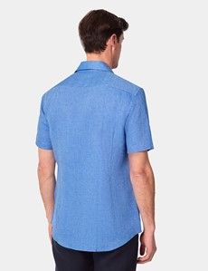 Slim Fit Mid Blue Linen Shirt - Short Sleeve