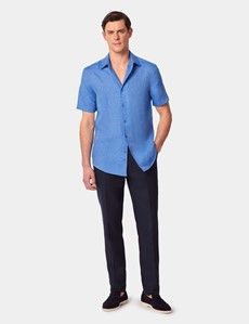 Slim Fit Mid Blue Linen Shirt - Short Sleeve