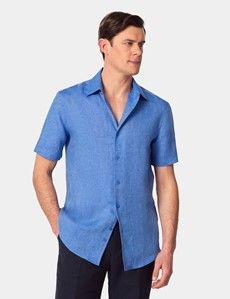 Slim Fit Mid Blue Linen Shirt - Short Sleeve