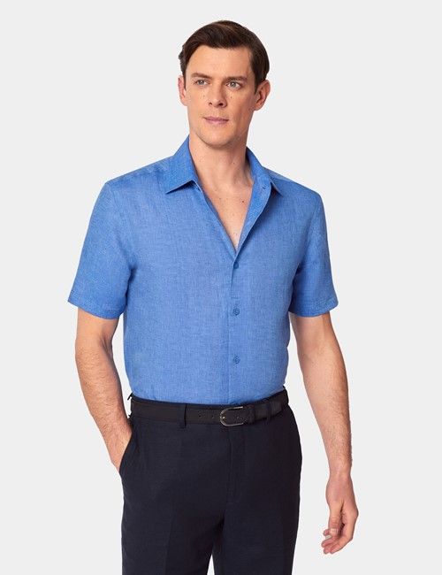 Mid Blue Pure Linen Slim Short Sleeve Shirt - One Piece Collar