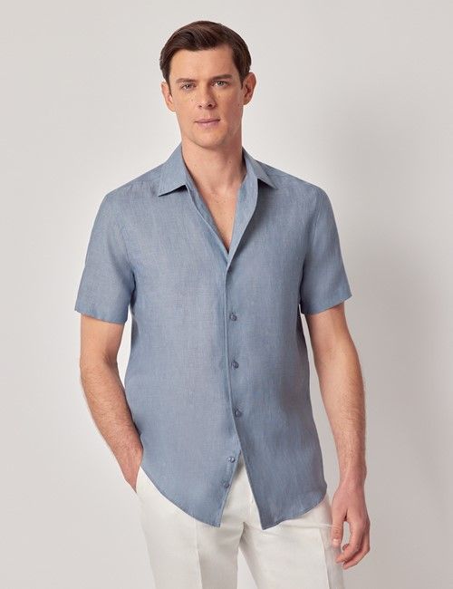 Sea Blue Pure Linen Slim Short Sleeve Shirt - One Piece Collar