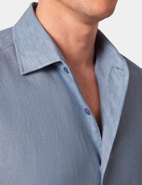 Sea Blue Pure Linen Slim Short Sleeve Shirt - One Piece Collar-preview