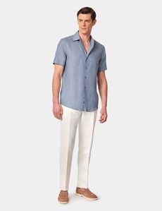 Slim Fit Sea Blue Linen Shirt - Short Sleeve