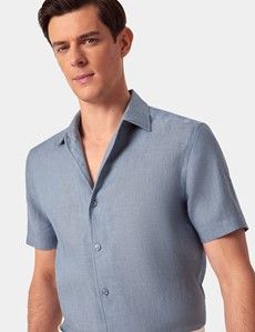Slim Fit Sea Blue Linen Shirt - Short Sleeve