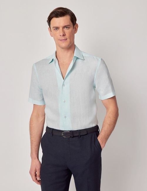 Mint Pure Linen Slim Short Sleeve Shirt - One Piece Collar