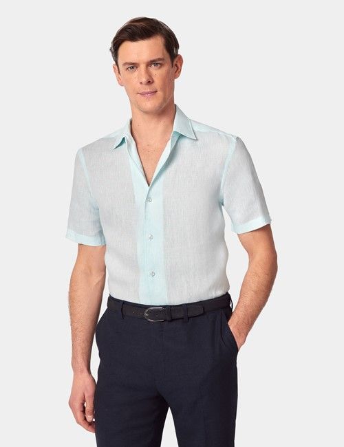 Mint Pure Linen Slim Short Sleeve Shirt - One Piece Collar