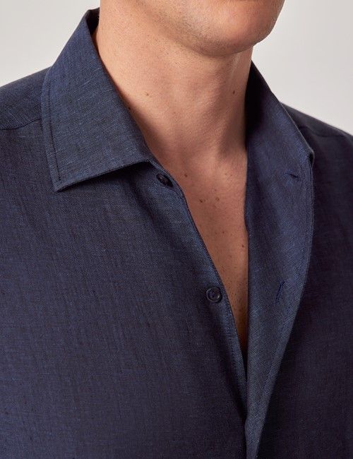 Navy Pure Linen Slim Short Sleeve Shirt - One Piece Collar-preview
