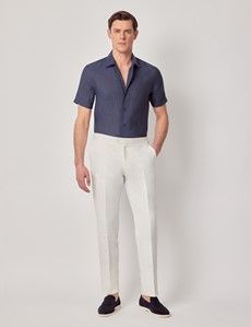 Navy Pure Linen Slim Short Sleeve Shirt - One Piece Collar-preview3