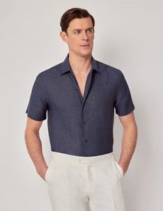 Navy Pure Linen Slim Short Sleeve Shirt - One Piece Collar-preview4