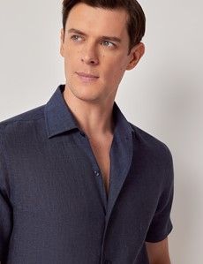 Navy Pure Linen Slim Short Sleeve Shirt - One Piece Collar-preview2