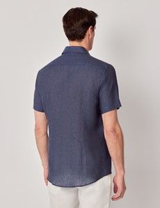 Navy Pure Linen Slim Short Sleeve Shirt - One Piece Collar-preview5