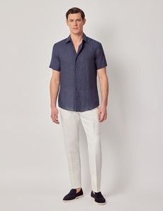 Navy Pure Linen Slim Short Sleeve Shirt - One Piece Collar-preview6