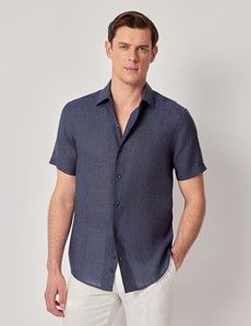 Navy Pure Linen Slim Short Sleeve Shirt - One Piece Collar