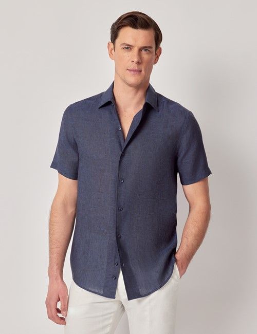 Navy Pure Linen Slim Short Sleeve Shirt - One Piece Collar