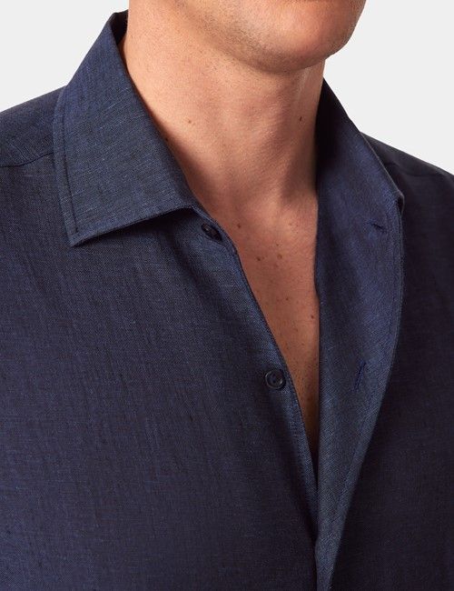 Navy Pure Linen Slim Short Sleeve Shirt - One Piece Collar-preview