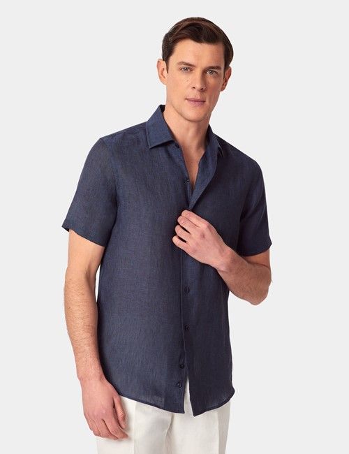 Navy Pure Linen Slim Short Sleeve Shirt - One Piece Collar