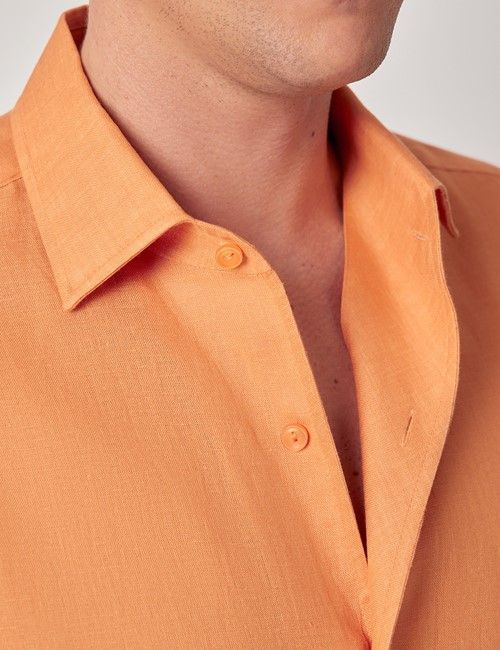 Orange Pure Linen Slim Short Sleeve Shirt - One Piece Collar-preview
