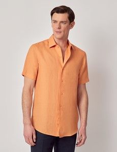 Orange Pure Linen Slim Short Sleeve Shirt - One Piece Collar-preview3