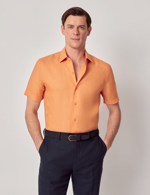 Orange Pure Linen Slim Short Sleeve Shirt - One Piece Collar