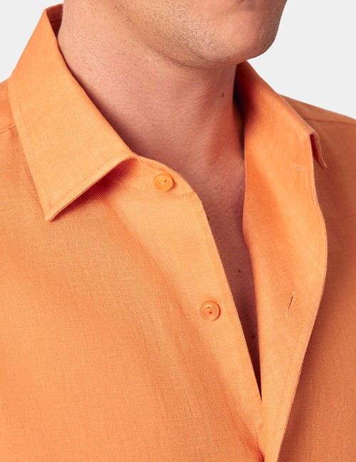 Orange Pure Linen Slim Short Sleeve Shirt - One Piece Collar-preview