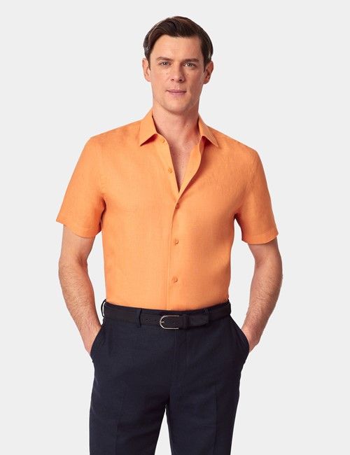 Orange Pure Linen Slim Short Sleeve Shirt - One Piece Collar