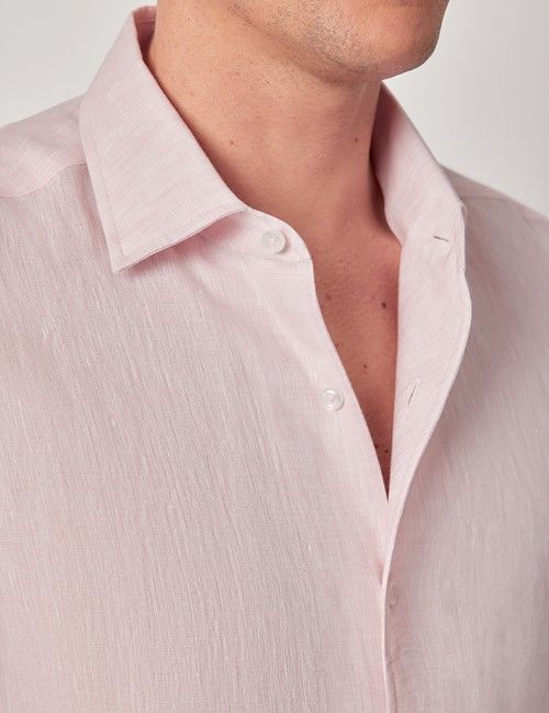 Pink Pure Linen Slim Short Sleeve Shirt - One Piece Collar-preview