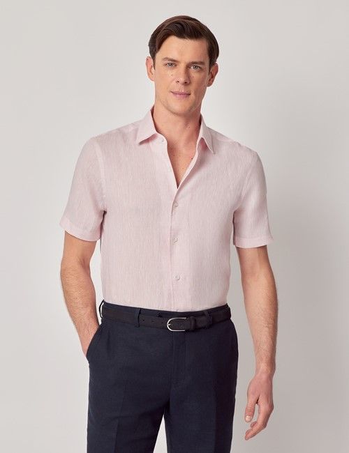 Pink Pure Linen Slim Short Sleeve Shirt - One Piece Collar
