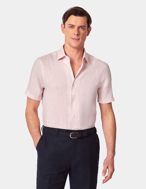 Pink Pure Linen Slim Short Sleeve Shirt - One Piece Collar