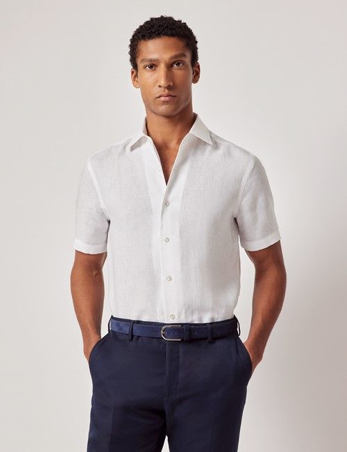 White Pure Linen Slim Short Sleeve Shirt - One Piece Collar