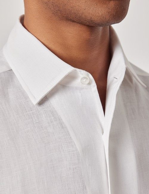 White Pure Linen Slim Short Sleeve Shirt - One Piece Collar-preview