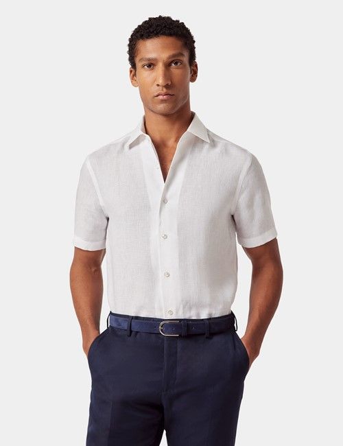 White Pure Linen Slim Short Sleeve Shirt - One Piece Collar