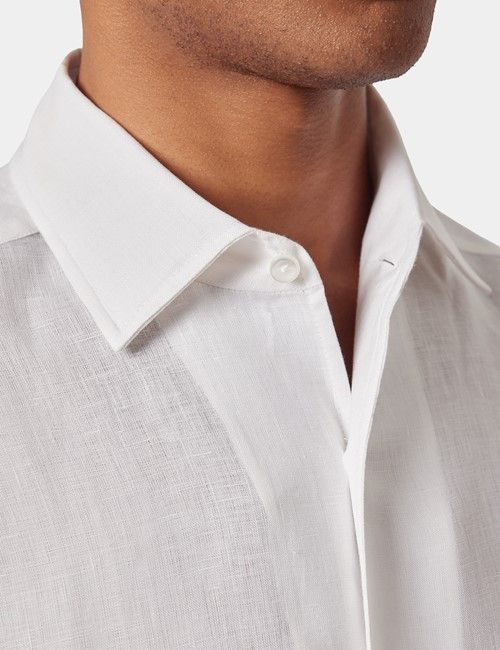 White Pure Linen Slim Short Sleeve Shirt - One Piece Collar-preview