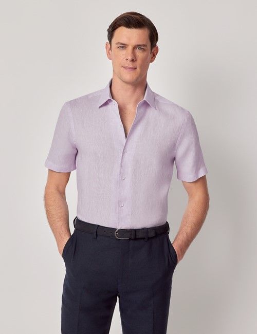 Dusty Lilac Pure Linen Slim Short Sleeve Shirt - One Piece Collar
