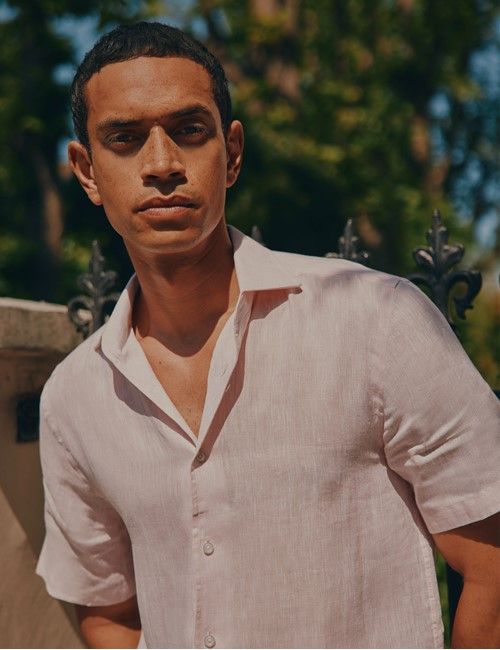 Dusty Lilac Pure Linen Slim Short Sleeve Shirt - One Piece Collar-preview