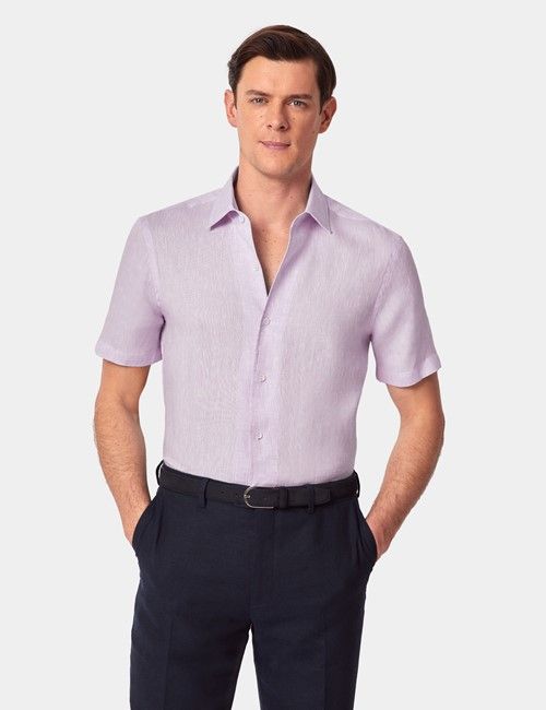 Dusty Lilac Pure Linen Slim Short Sleeve Shirt - One Piece Collar