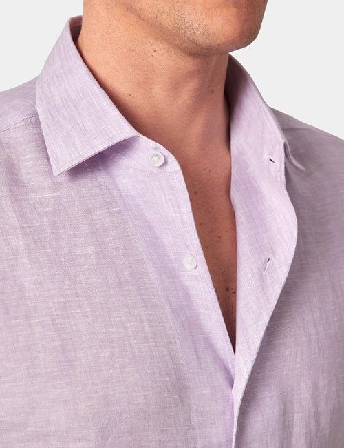 Dusty Lilac Pure Linen Slim Short Sleeve Shirt - One Piece Collar-preview