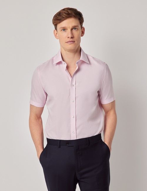 Pink Textured Weave Slim Fit Shirt - Short Sleeve