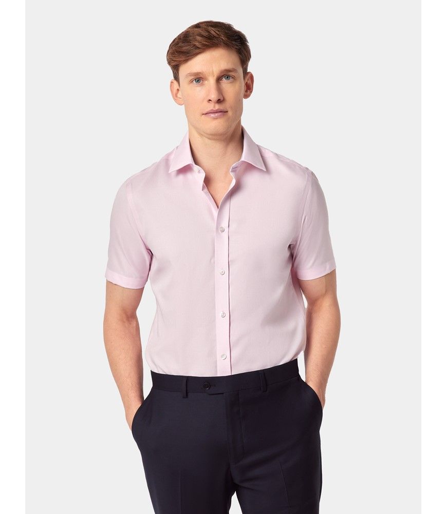 【2plan】Hertz Tie Roll Up Short Sleeve Shirt Men's Pink Textured Weave Slim Fit Shirt - Short Sleeve