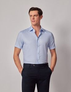 Blue Cotton Tencel™ Blend Slim Fit Shirt - Short Sleeve