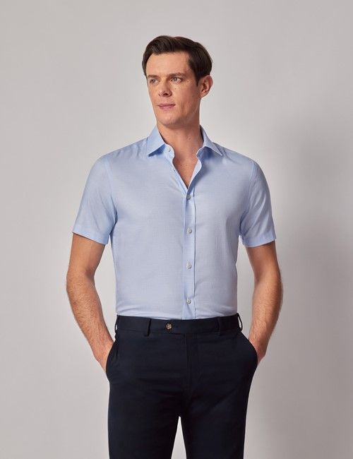 Blue Cotton Tencel™ Blend Slim Fit Shirt - Short Sleeve