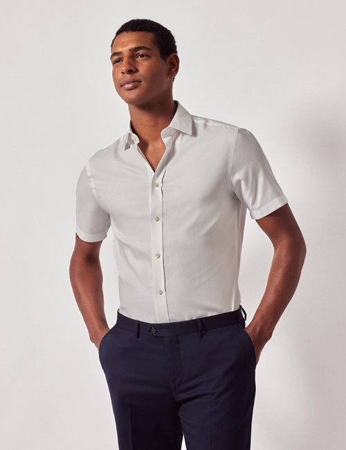 White Cotton Tencel™ Blend Slim Fit Shirt - Short Sleeve